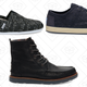 Black Canvas Geometry Men’s Classics, $36 | Navy Fleck Wool Men’s Paseo Sneakers, $30 | Black Full Grain Leather Men’s Searcher Boots, $40